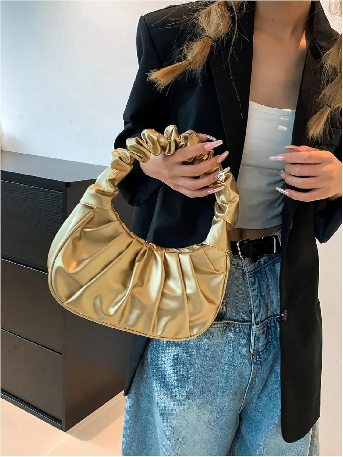 Verdusa Women's Pleated Handbags Ruched Top Handle Satchel Purse Denim Clutch Bags