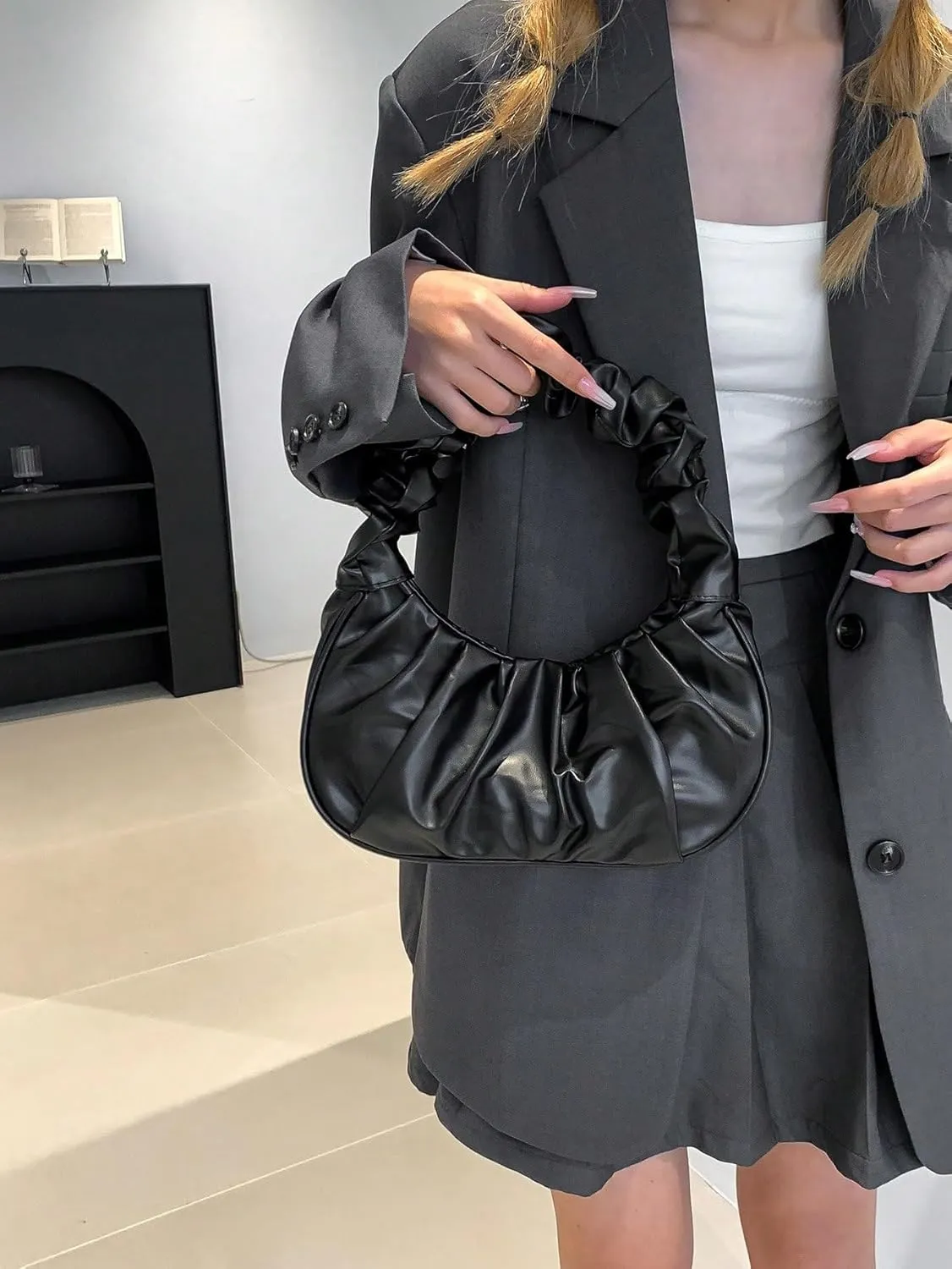 Verdusa Women's Pleated Handbags Ruched Top Handle Satchel Purse Denim Clutch Bags