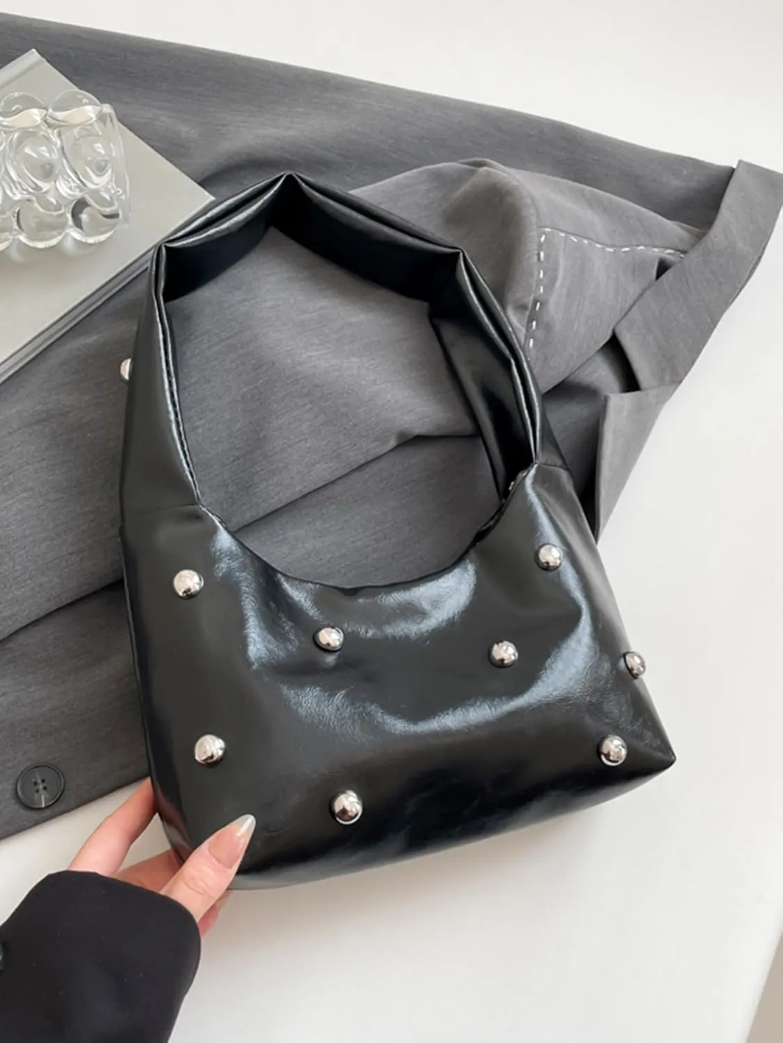Verdusa Women's Punk Studded PU Leather Shoulder Bag Top Handle Underarm Handbags