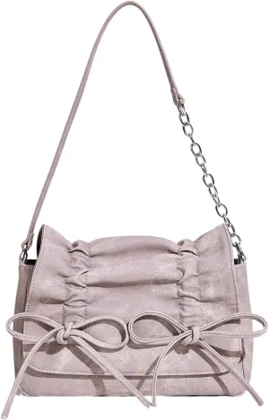Verdusa Women's Ruched Denim Shoulder Bags Bow Handbags Purse with Chain Strap