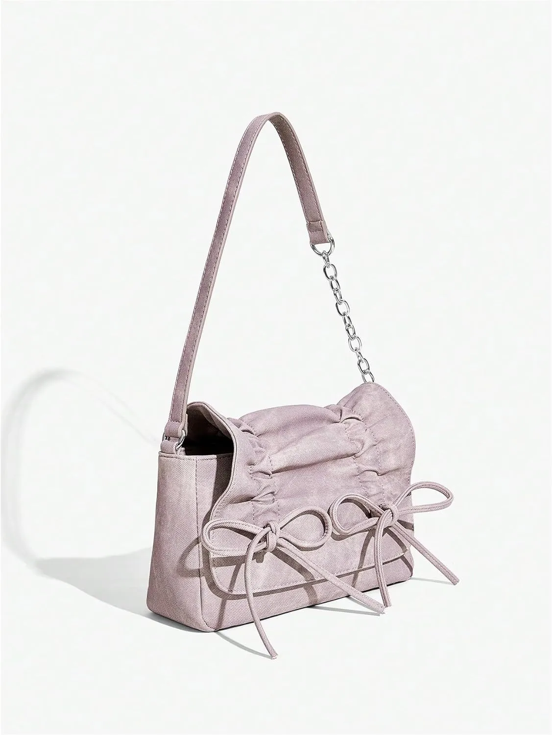 Verdusa Women's Ruched Denim Shoulder Bags Bow Handbags Purse with Chain Strap