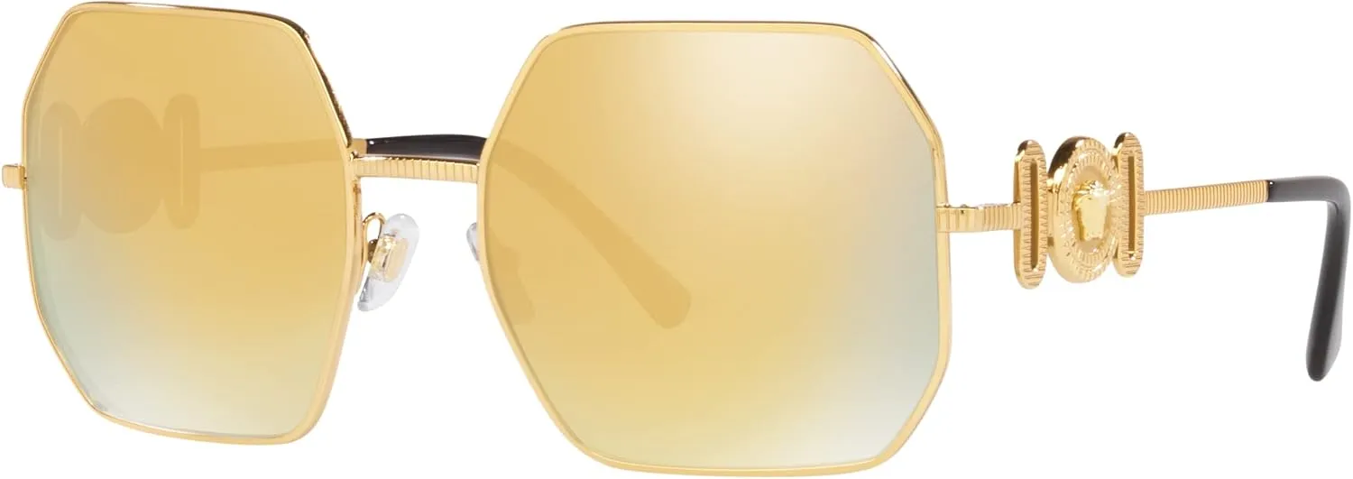 Versace Woman Sunglasses Gold Frame, Brown Mirror Gold Lenses, 58MM