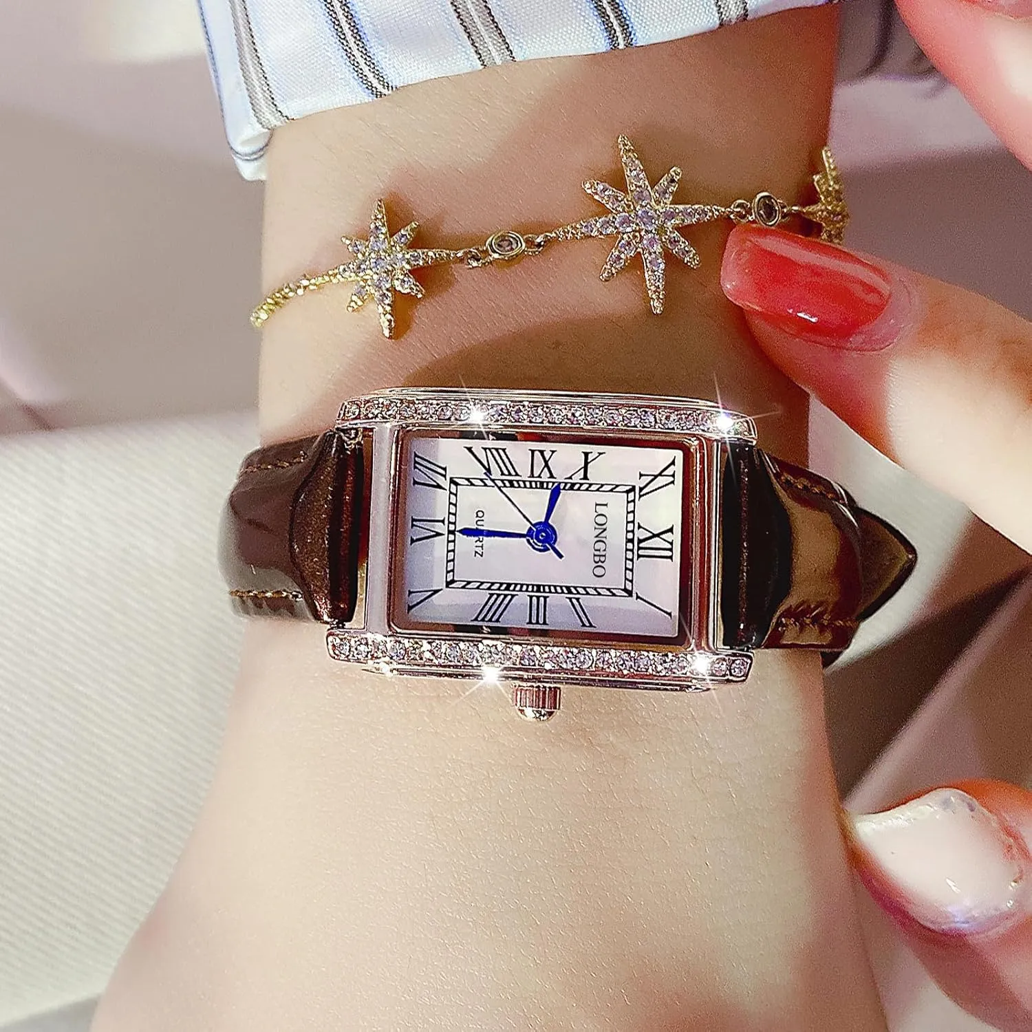 Vintage Square Women's Wristwatch, Quartz Stone Leather Strap Ladies Watch, Stylish Square Waterproof Women's Retro Watch