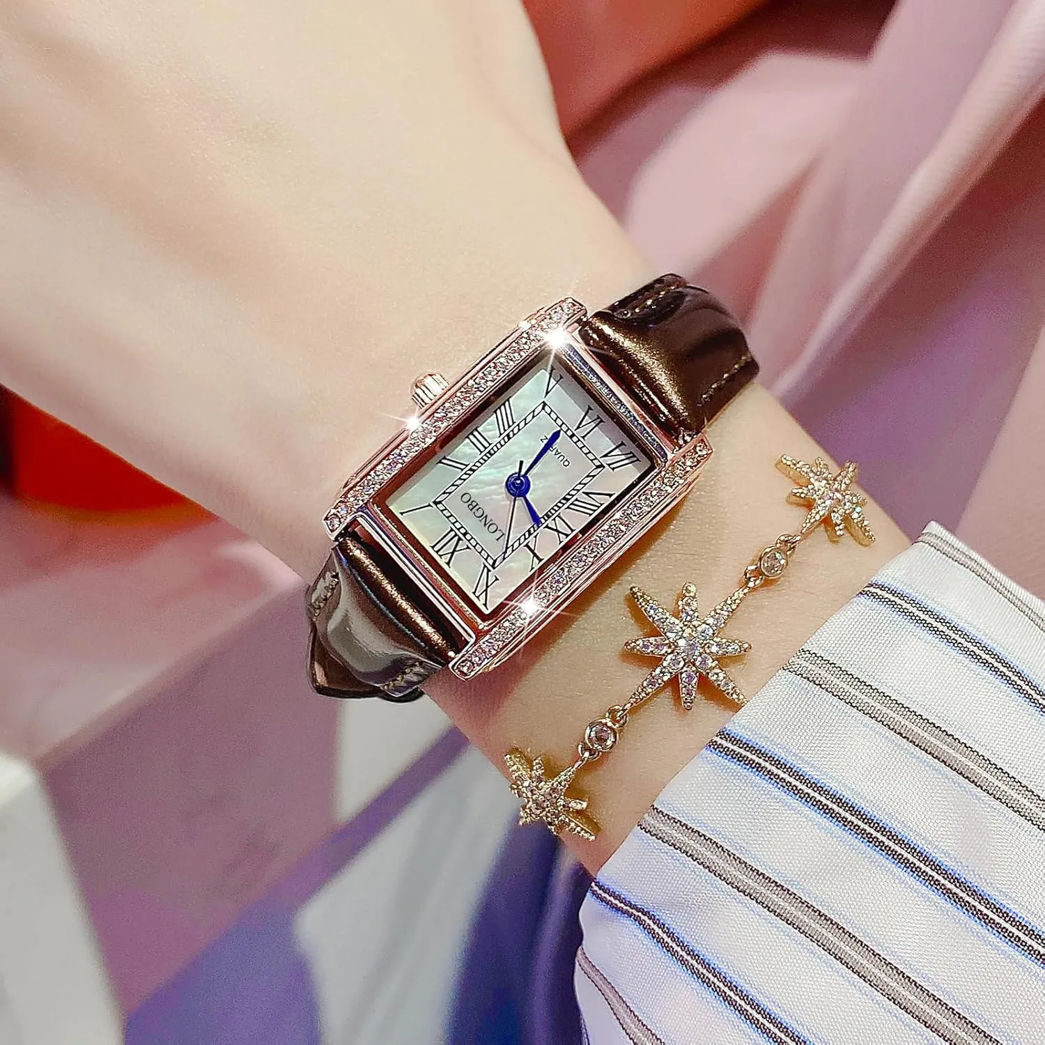 Vintage Square Women's Wristwatch, Quartz Stone Leather Strap Ladies Watch, Stylish Square Waterproof Women's Retro Watch