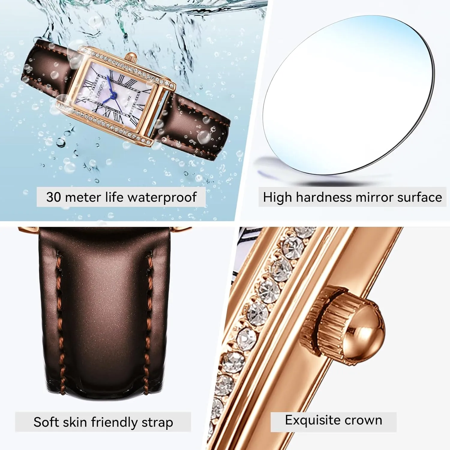 Vintage Square Women's Wristwatch, Quartz Stone Leather Strap Ladies Watch, Stylish Square Waterproof Women's Retro Watch