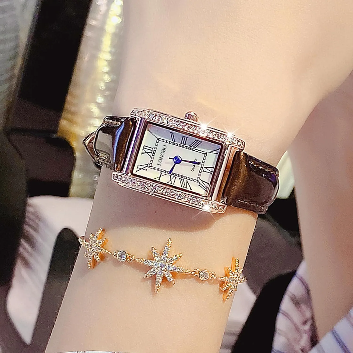 Vintage Square Women's Wristwatch, Quartz Stone Leather Strap Ladies Watch, Stylish Square Waterproof Women's Retro Watch