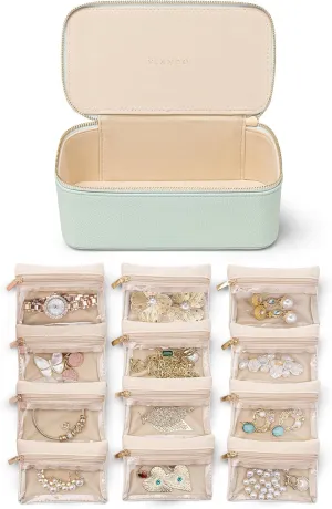 Vlando Jewelry Organizer with 12 Velvet Jewelry Bags Travel Jewelry Case for Girls Premium Petal Hardware Jewelry Box Necklace Rings Earrings Bags Birthday Christmas Gifts for Self-Mint Green