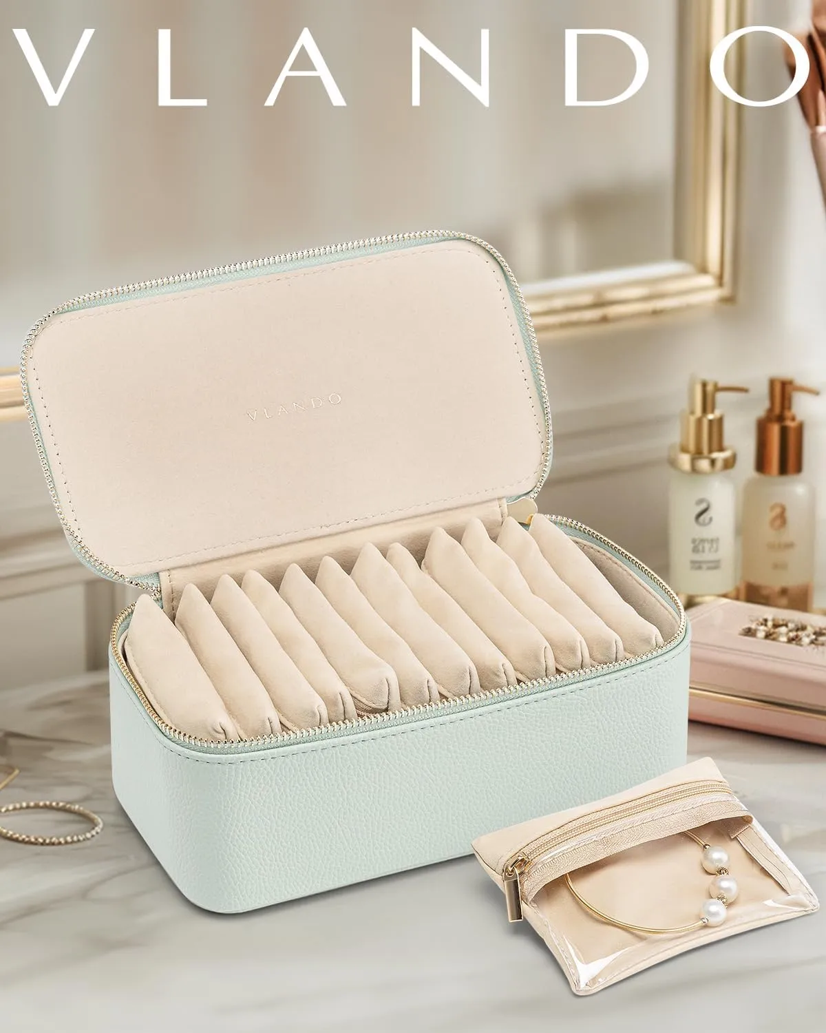 Vlando Jewelry Organizer with 12 Velvet Jewelry Bags Travel Jewelry Case for Girls Premium Petal Hardware Jewelry Box Necklace Rings Earrings Bags Birthday Christmas Gifts for Self-Mint Green