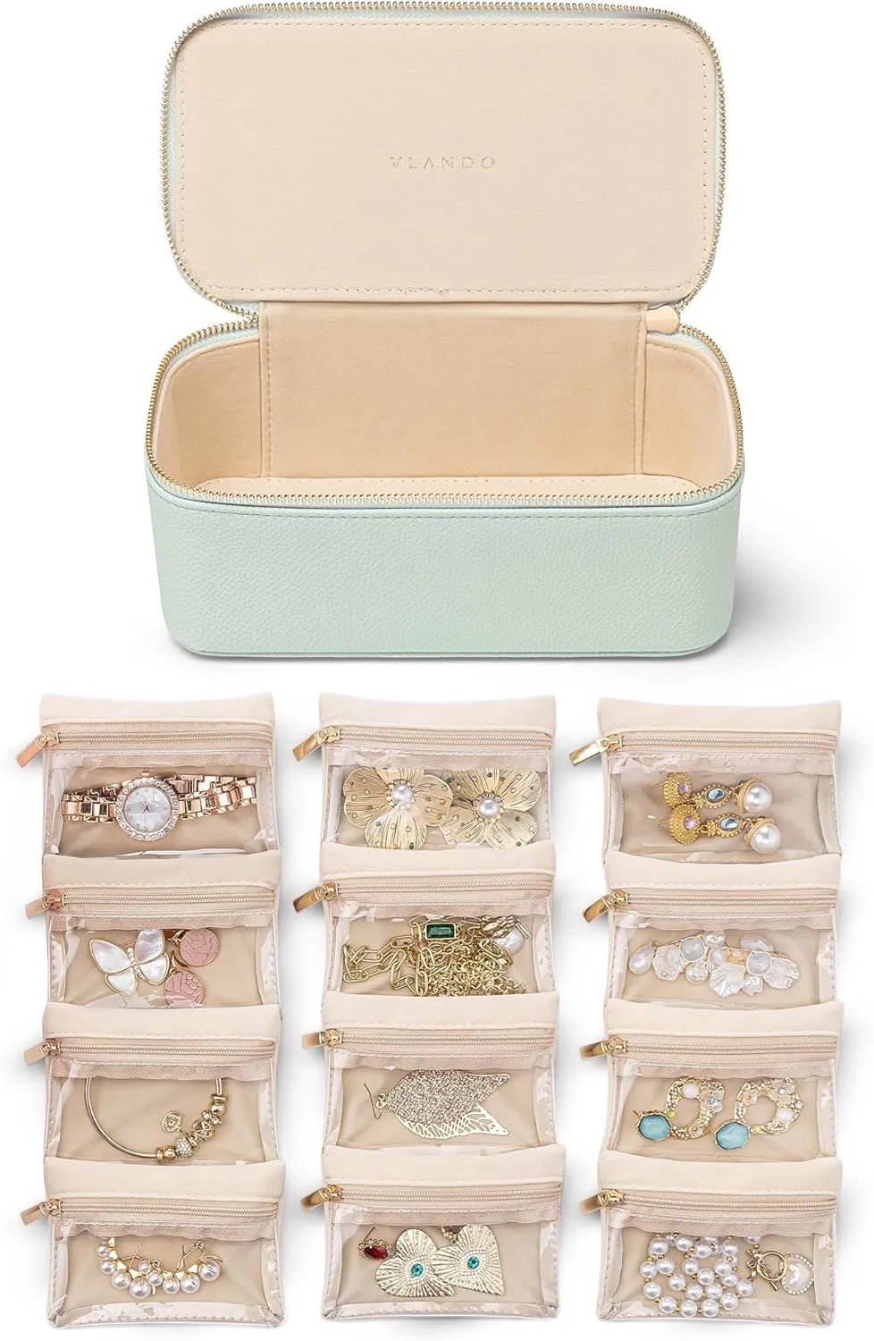 Vlando Jewelry Organizer with 12 Velvet Jewelry Bags Travel Jewelry Case for Girls Premium Petal Hardware Jewelry Box Necklace Rings Earrings Bags Birthday Christmas Gifts for Self-Mint Green
