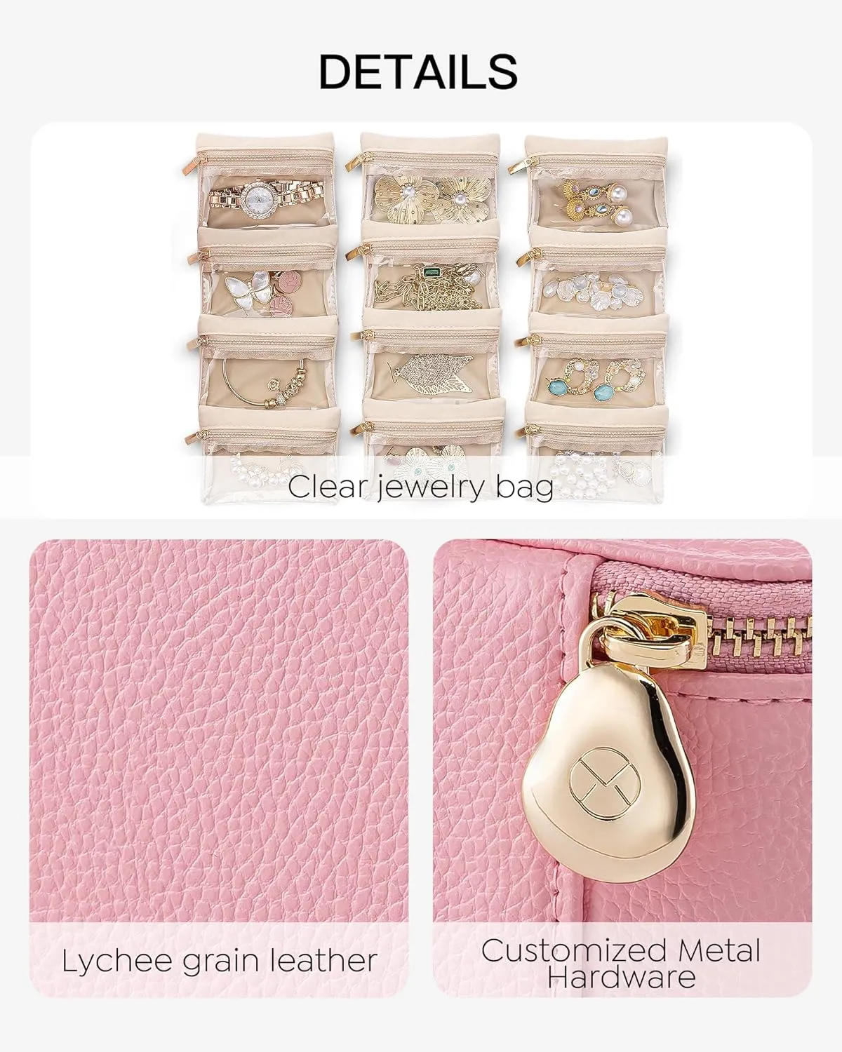 Vlando Jewelry Travel Case with 12 Velvet Jewelry Bags Travel Jewelry Orgainzer for Girls Jewelry Box for Necklace Rings Earrings Bags Christmas Gifts for Women Girls(Pink)