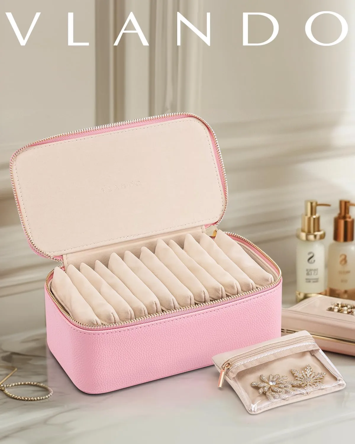 Vlando Jewelry Travel Case with 12 Velvet Jewelry Bags Travel Jewelry Orgainzer for Girls Jewelry Box for Necklace Rings Earrings Bags Christmas Gifts for Women Girls(Pink)
