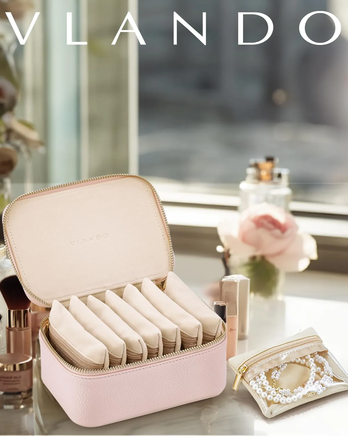 Vlando Mothers Day Gifts for Mom, Jewelry Box with 8 Velvet Jewelry Bags Travel Jewelry Case for Women Girls Jewelry Organizer Necklace Rings Earrings Bags Gift Ideas for Teacher Birthday Bride (Pink)