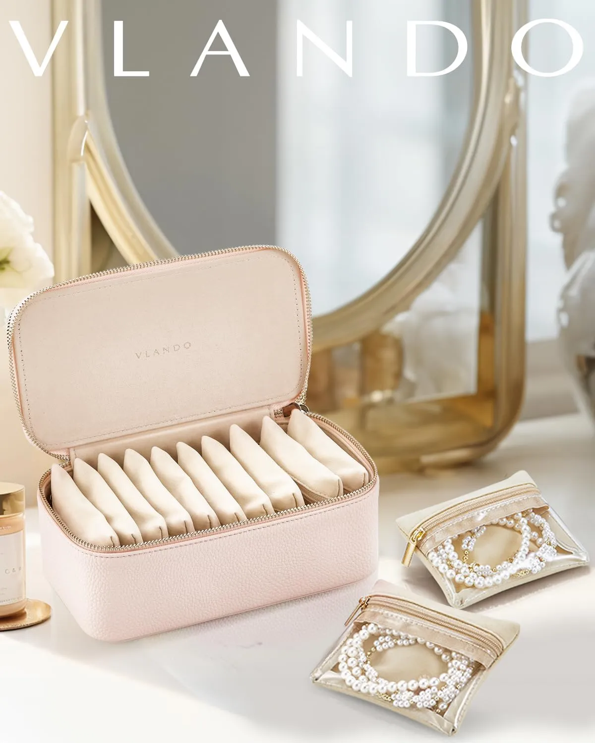 Vlando Mothers Day Gifts for Mom Wife,Jewelry Box with 12 Velvet Jewelry Bags Travel Jewelry Case for Girls Jewelry Organizer for Travelers Birthday Gift Ideas for Women (Pink)