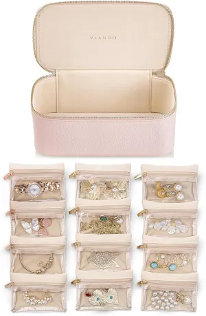 Vlando Mothers Day Gifts for Mom Wife,Jewelry Box with 12 Velvet Jewelry Bags Travel Jewelry Case for Girls Jewelry Organizer for Travelers Birthday Gift Ideas for Women (Pink)