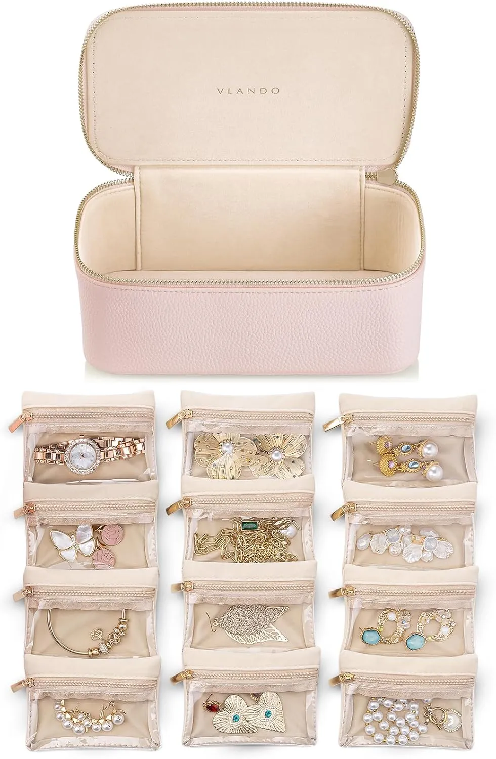 Vlando Mothers Day Gifts for Mom Wife,Jewelry Box with 12 Velvet Jewelry Bags Travel Jewelry Case for Girls Jewelry Organizer for Travelers Birthday Gift Ideas for Women (Pink)