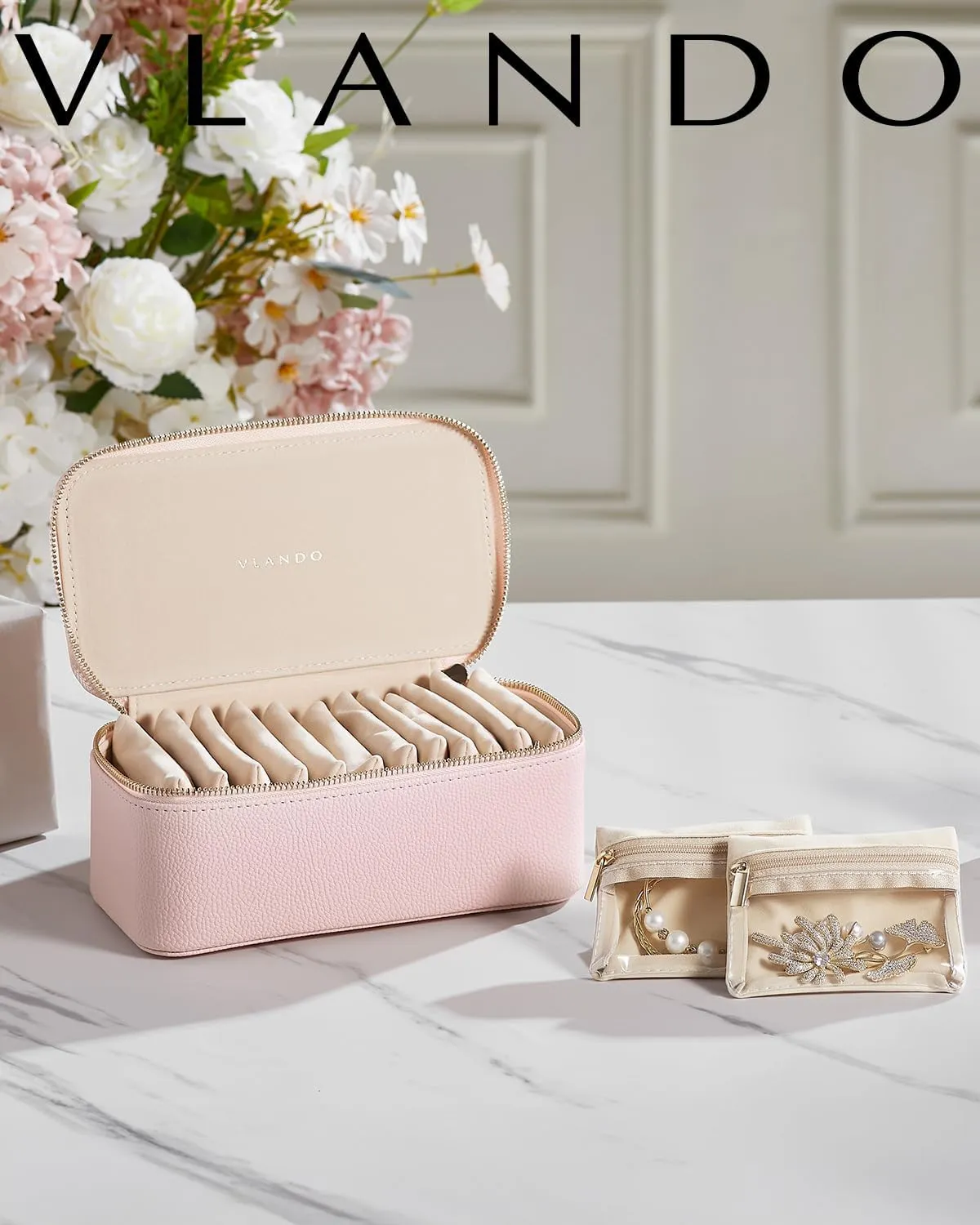 Vlando Mothers Day Gifts for Mom Wife,Jewelry Box with 12 Velvet Jewelry Bags Travel Jewelry Case for Girls Jewelry Organizer for Travelers Birthday Gift Ideas for Women (Pink)