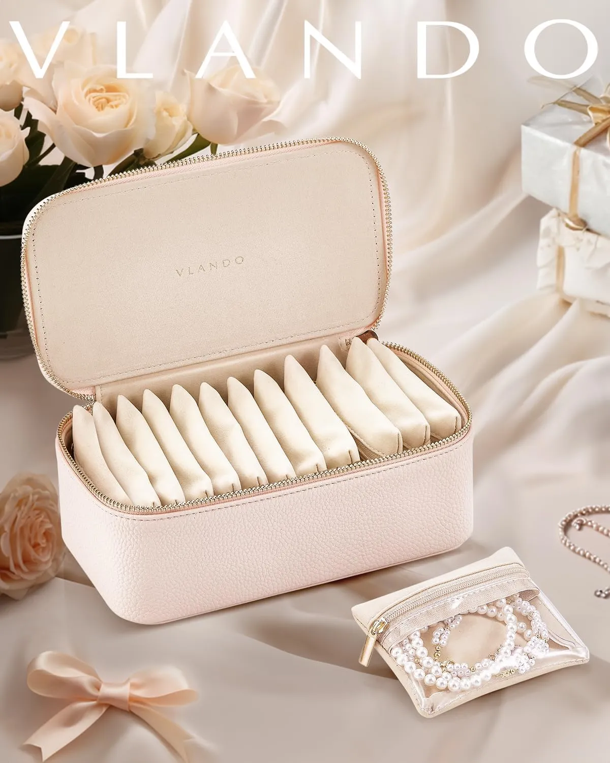 Vlando Mothers Day Gifts for Mom Wife,Jewelry Box with 12 Velvet Jewelry Bags Travel Jewelry Case for Girls Jewelry Organizer for Travelers Birthday Gift Ideas for Women (Pink)