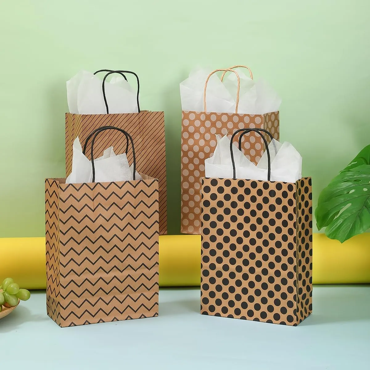 Waarms 24 Pieces Gift Bags with 24 Tissues, Brown Kraft Paper Bags with Handles Bulk for Birthday, Wedding, Baby Shower, Party Supplies (Polka Dot/Wave/Stripe)