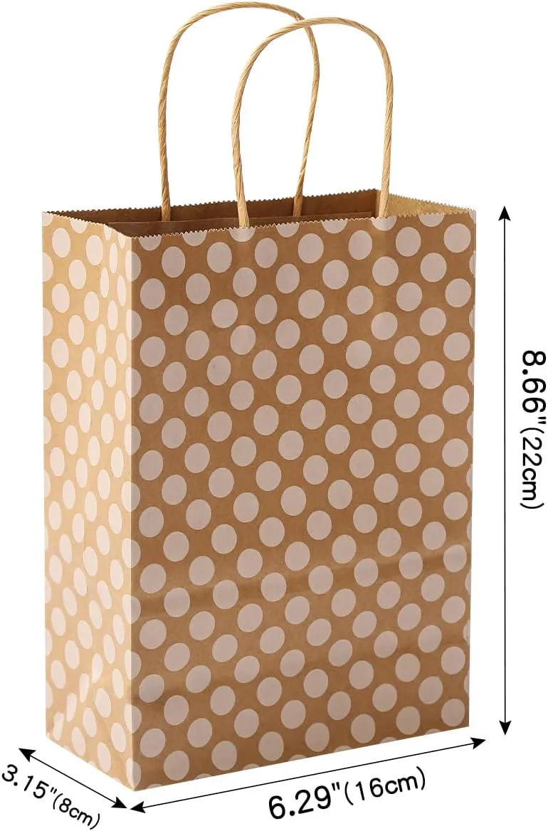 Waarms 24 Pieces Gift Bags with 24 Tissues, Brown Kraft Paper Bags with Handles Bulk for Birthday, Wedding, Baby Shower, Party Supplies (Polka Dot/Wave/Stripe)