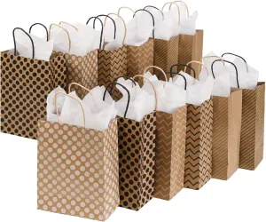 Waarms 24 Pieces Gift Bags with 24 Tissues, Brown Kraft Paper Bags with Handles Bulk for Birthday, Wedding, Baby Shower, Party Supplies (Polka Dot/Wave/Stripe)