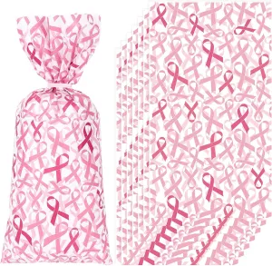 Waline 150 Cellophane Gift Bags with 200 Twist Ties - Pink Ribbon Pattern Cello Party Bags for Breast Cancer Awareness