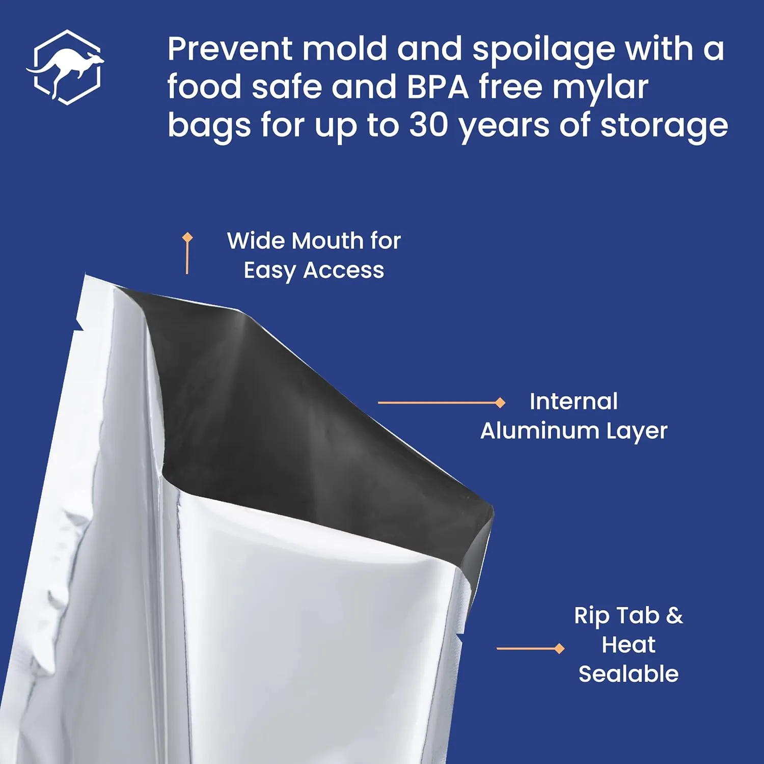 Wallaby 2.5-Gallon Mylar Bag Bundle - 30x (5 Mil - 12" x 18") Mylar Bags   30x Labels - Heat Sealable, Food Safe, & Reliable Long Term-Food Storage Solutions - Silver