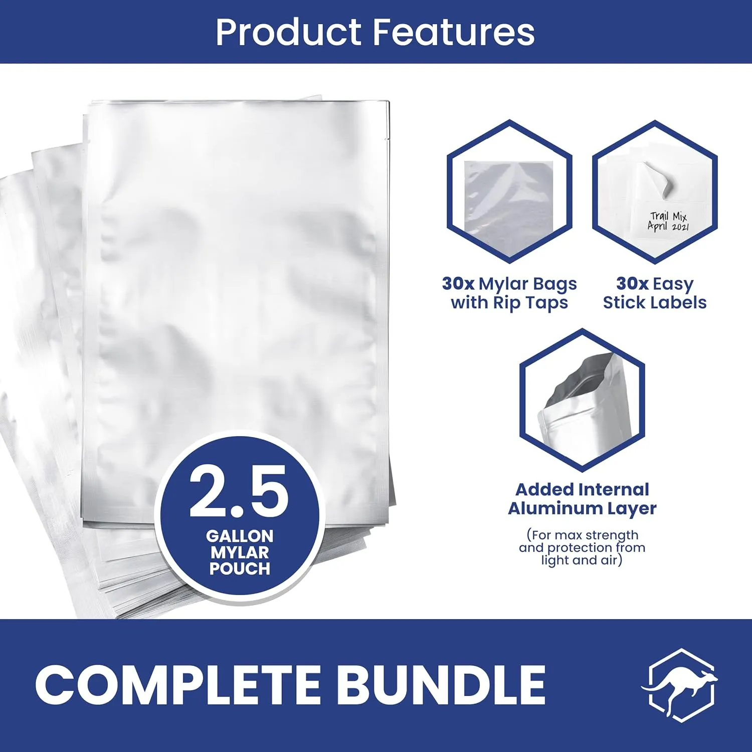 Wallaby 2.5-Gallon Mylar Bag Bundle - 30x (5 Mil - 12" x 18") Mylar Bags   30x Labels - Heat Sealable, Food Safe, & Reliable Long Term-Food Storage Solutions - Silver