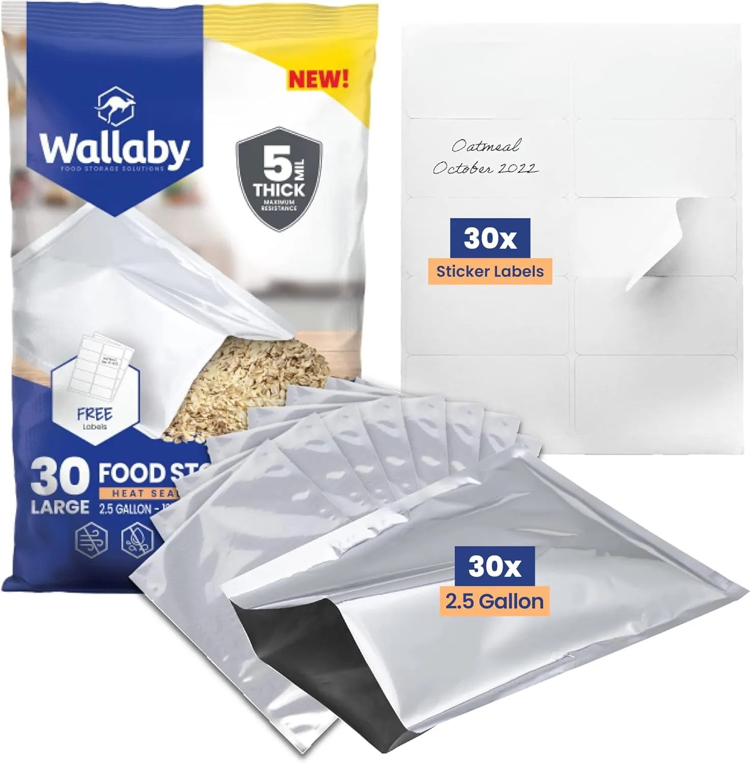 Wallaby 2.5-Gallon Mylar Bag Bundle - 30x (5 Mil - 12" x 18") Mylar Bags   30x Labels - Heat Sealable, Food Safe, & Reliable Long Term-Food Storage Solutions - Silver