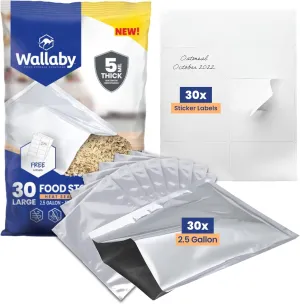 Wallaby 2.5-Gallon Mylar Bag Bundle - 30x (5 Mil - 12" x 18") Mylar Bags   30x Labels - Heat Sealable, Food Safe, & Reliable Long Term-Food Storage Solutions - Silver