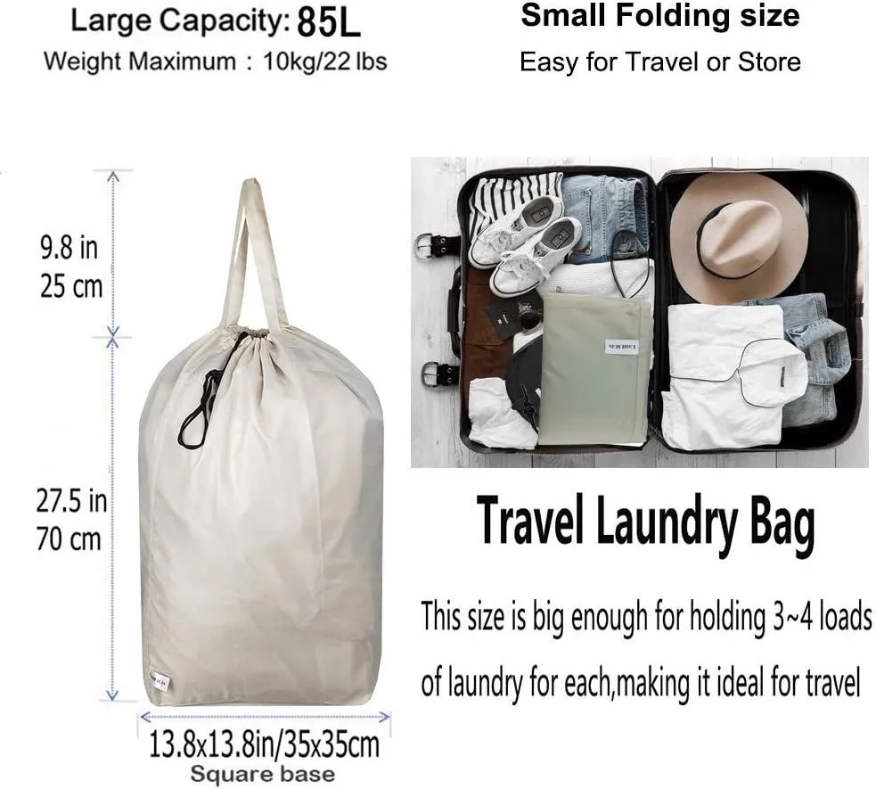 Washable Travel Laundry Bag with Handles and Drawstring, Heavy Duty Large Enough to Hold 3 Loads of Laundry, Fit a Laundry Basket or Clothes Hamper, 27.5x34.5 in, Beige and Black