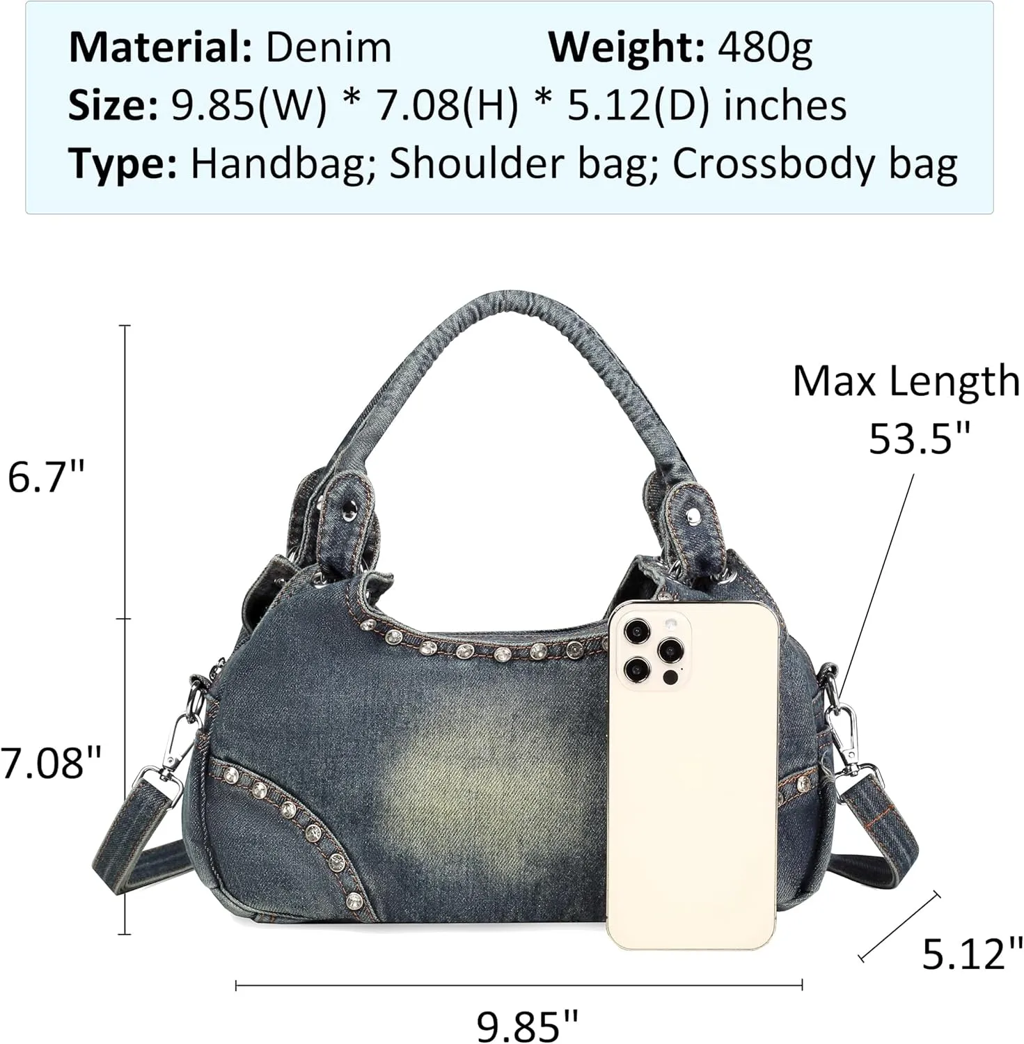 Washed Denim Bag with Rhinestone Casual Denim Purses For Women Lady's Purses And Handbags Small Shoulder Bags