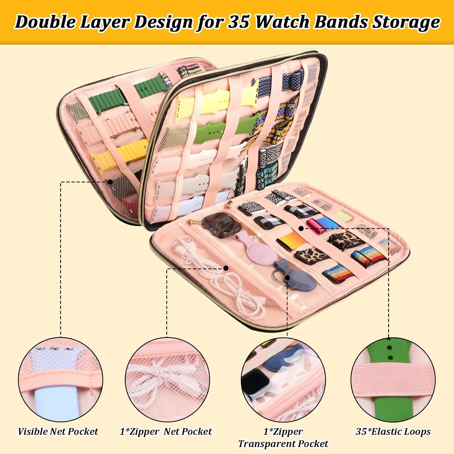 Watch Band Case Organizer for Apple Watch Band, Soft Velvet Watch Band Holder for 35 Watch Straps, Portable Travel Storage Bag for iWatch Band, Pin, Headphone& Other Accessories (Black)