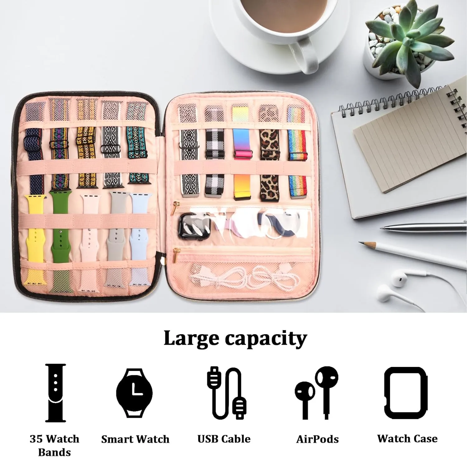 Watch Band Case Organizer for Apple Watch Band, Soft Velvet Watch Band Holder for 35 Watch Straps, Portable Travel Storage Bag for iWatch Band, Pin, Headphone& Other Accessories (Black)