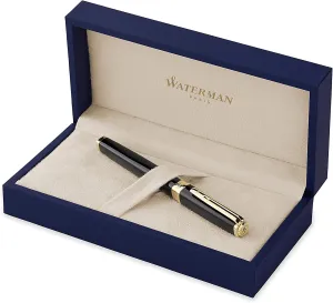 Waterman Exception Fountain Pen, Slim Black with 23k Gold Clip, Medium Nib with Blue Ink Cartridge, Gift Box