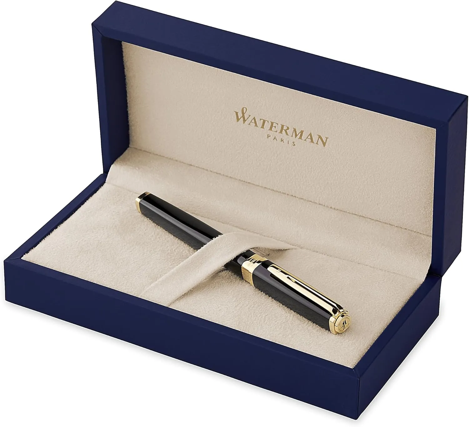 Waterman Exception Fountain Pen, Slim Black with 23k Gold Clip, Medium Nib with Blue Ink Cartridge, Gift Box