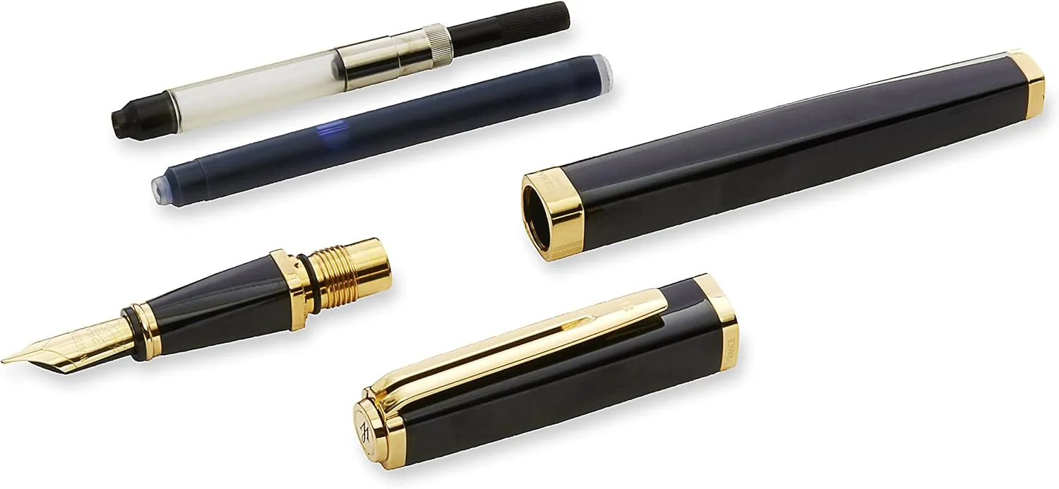 Waterman Exception Fountain Pen, Slim Black with 23k Gold Clip, Medium Nib with Blue Ink Cartridge, Gift Box