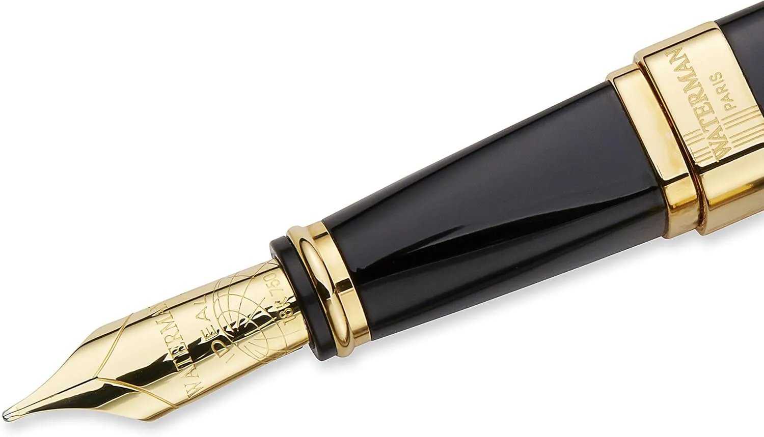 Waterman Exception Fountain Pen, Slim Black with 23k Gold Clip, Medium Nib with Blue Ink Cartridge, Gift Box