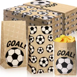 Watersay 100 Pcs Soccer Party Favor Bags 12" x 6" x 4" Soccer Kraft Paper Goodie Treat Candy Food Bags for Sports Themed Party Favors Bulk Gift Giving Supplies
