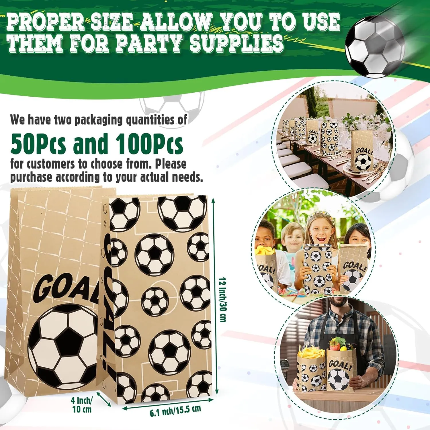Watersay 100 Pcs Soccer Party Favor Bags 12" x 6" x 4" Soccer Kraft Paper Goodie Treat Candy Food Bags for Sports Themed Party Favors Bulk Gift Giving Supplies