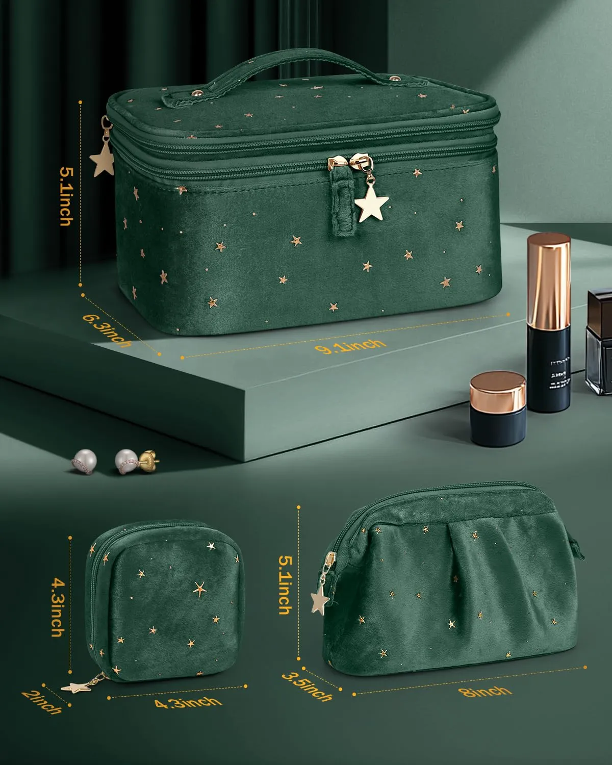 Wedama Makeup Bag, Double-layer Cosmetic Bag with Jewelry Storage and Brush Holders 3 Pcs Velvet Makeup Bag Set Travel Makeup Organizer Bags Cosmetic Case Toiletry Bag for Women Girls, Dark Green