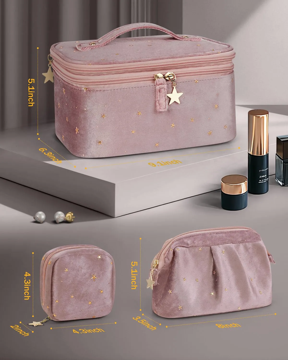 Wedama Makeup Bag Gift for Women, Double-layer Cosmetic Bag with Jewelry Storage and Brush Holder 3 Pcs Velvet Makeup Organizer Bag Gift Set Travel Toiletry Bag for Women Girls, Pink