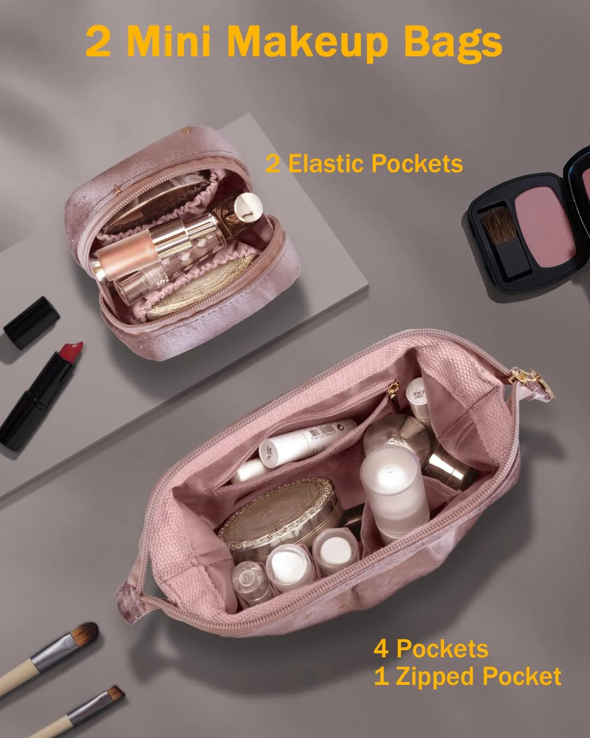 Wedama Makeup Bag Gift for Women, Double-layer Cosmetic Bag with Jewelry Storage and Brush Holder 3 Pcs Velvet Makeup Organizer Bag Gift Set Travel Toiletry Bag for Women Girls, Pink