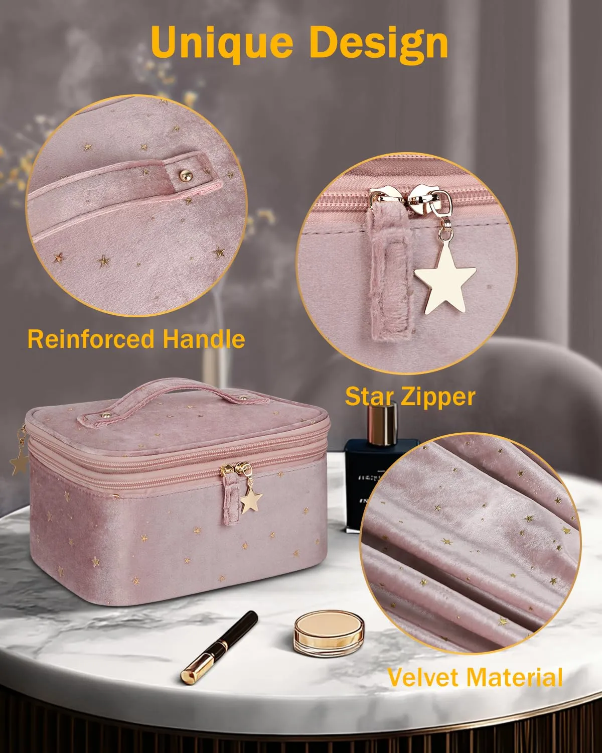 Wedama Makeup Bag Gift for Women, Double-layer Cosmetic Bag with Jewelry Storage and Brush Holder 3 Pcs Velvet Makeup Organizer Bag Gift Set Travel Toiletry Bag for Women Girls, Pink