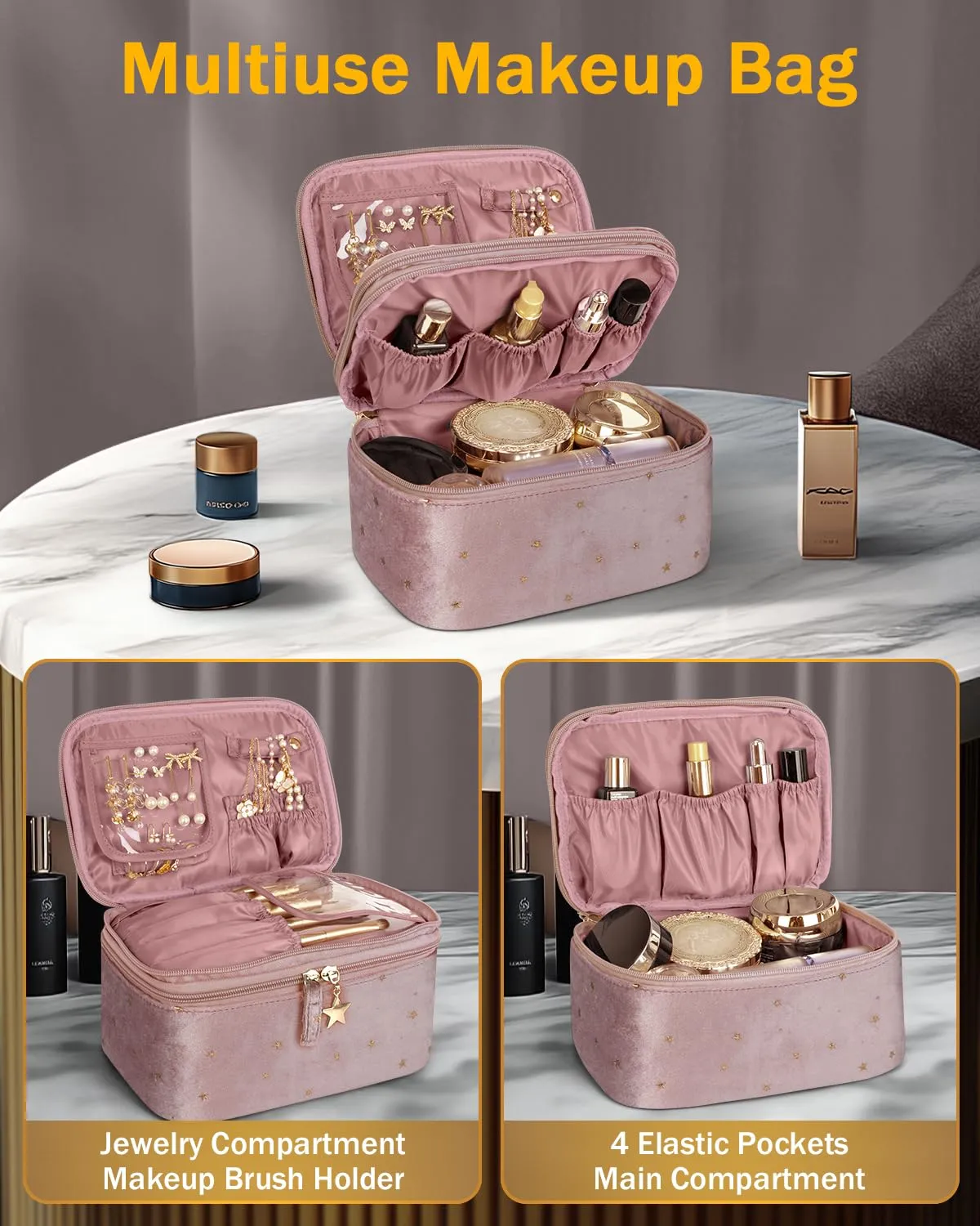 Wedama Makeup Bag Gift for Women, Double-layer Cosmetic Bag with Jewelry Storage and Brush Holder 3 Pcs Velvet Makeup Organizer Bag Gift Set Travel Toiletry Bag for Women Girls, Pink