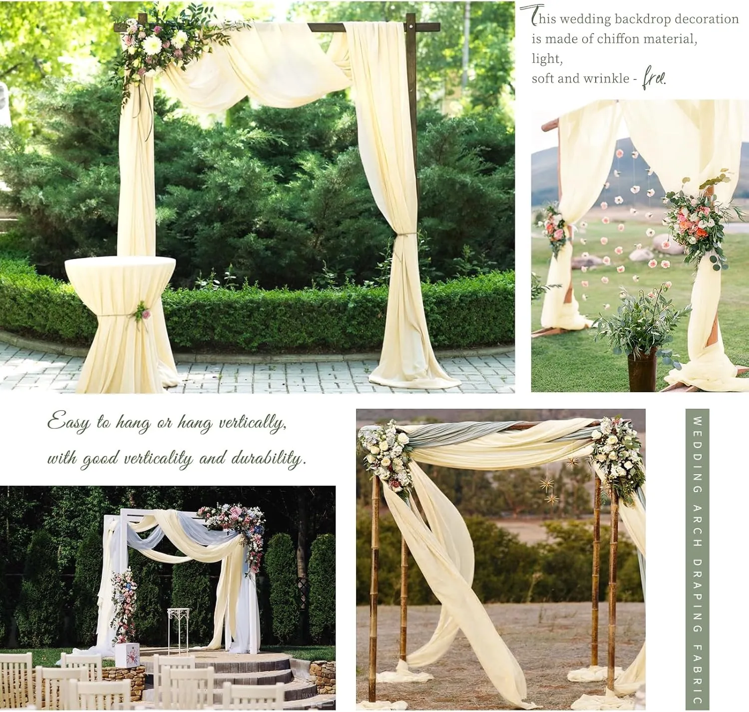 Wedding Arch Draping Fabric,4 Panels 28" x18ft Beige Wedding Arch Drapes for Ceremony Sheer Chiffon Fabric Drapes Arbor Drapery Decorations for Reception Party