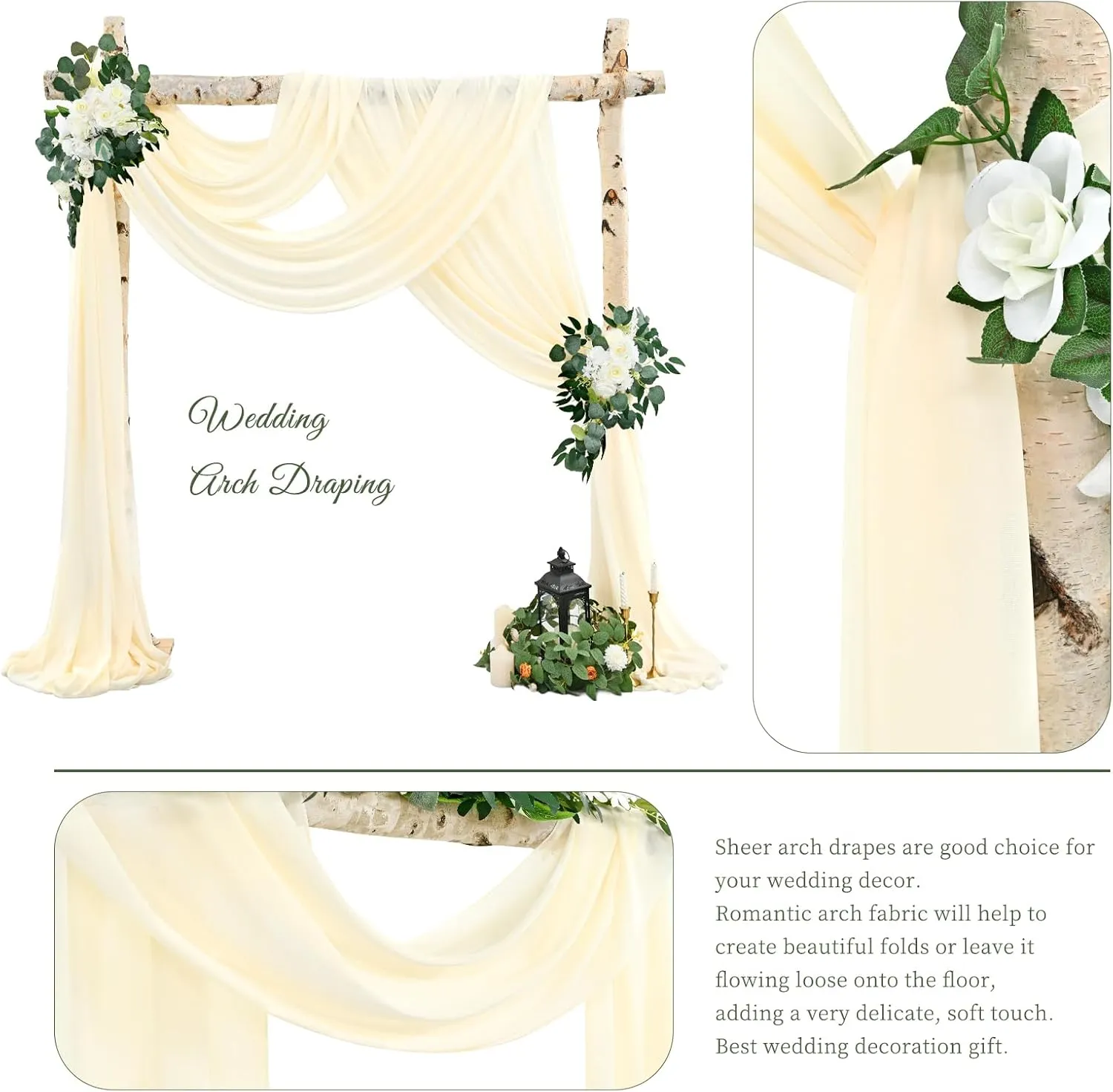 Wedding Arch Draping Fabric,4 Panels 28" x18ft Beige Wedding Arch Drapes for Ceremony Sheer Chiffon Fabric Drapes Arbor Drapery Decorations for Reception Party