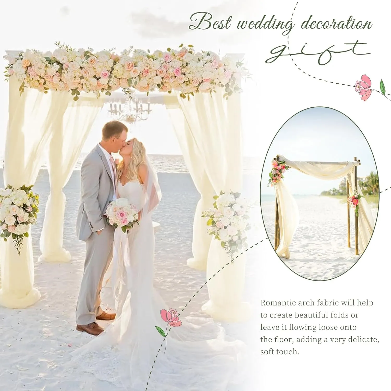 Wedding Arch Draping Fabric,4 Panels 28" x18ft Beige Wedding Arch Drapes for Ceremony Sheer Chiffon Fabric Drapes Arbor Drapery Decorations for Reception Party
