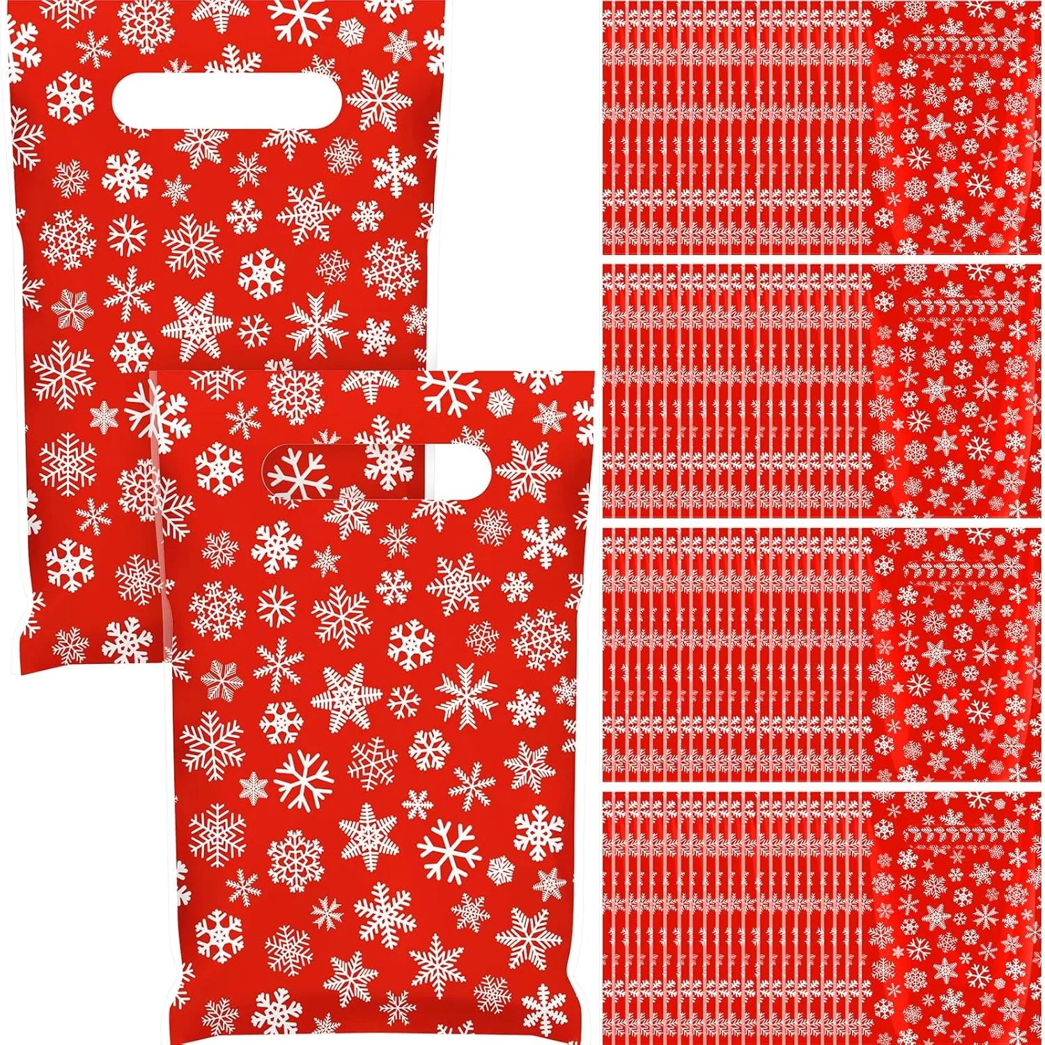 Wesnoy 100 Pieces Christmas Plastic Gift Bags Bulk Christmas Red Snowflake Candy Bags with Handle Xmas Treat Bags Holiday Goodie Bags for Christmas Party Favor Supplies Decoration