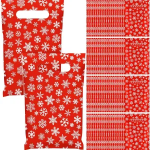 Wesnoy 100 Pieces Christmas Plastic Gift Bags Bulk Christmas Red Snowflake Candy Bags with Handle Xmas Treat Bags Holiday Goodie Bags for Christmas Party Favor Supplies Decoration