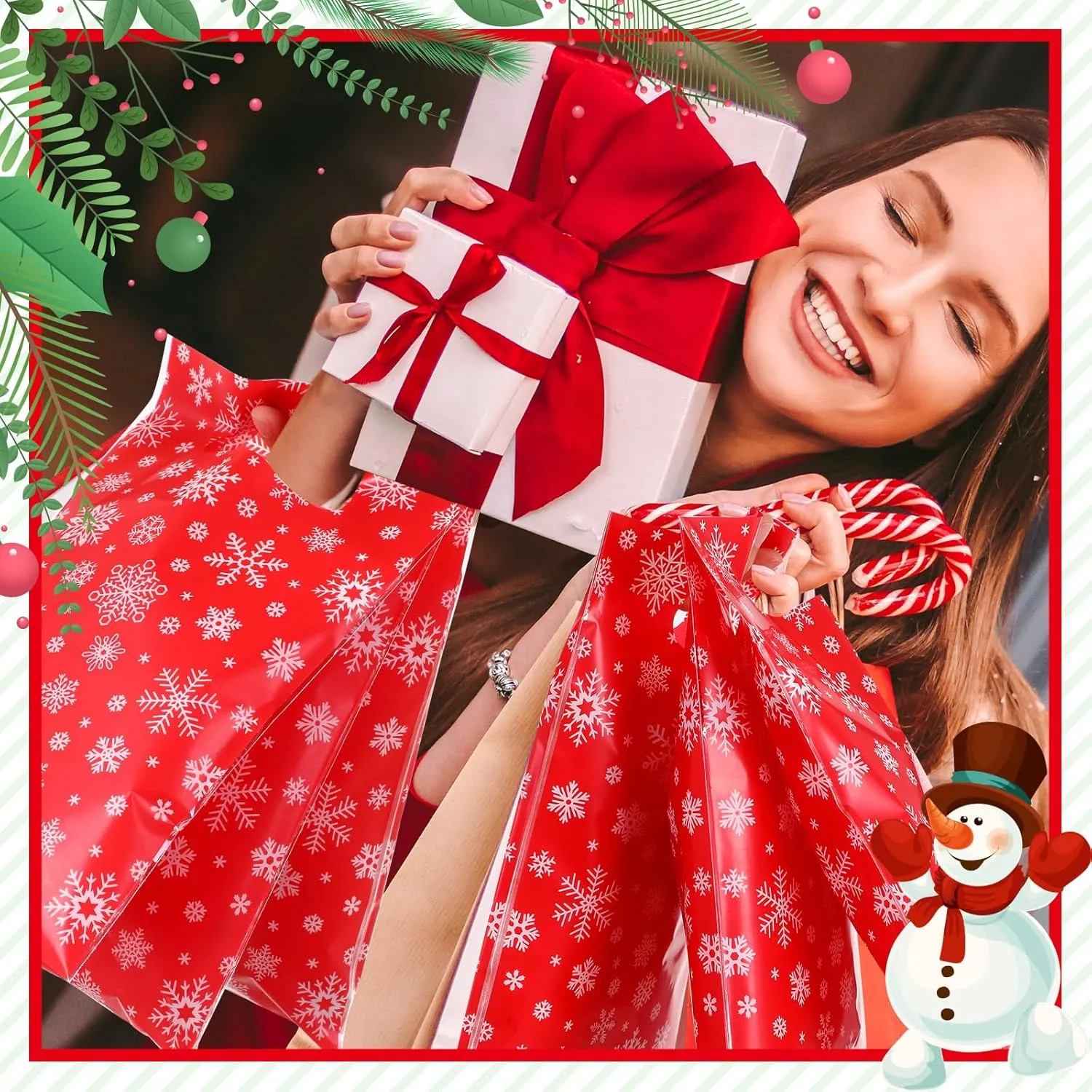 Wesnoy 100 Pieces Christmas Plastic Gift Bags Bulk Christmas Red Snowflake Candy Bags with Handle Xmas Treat Bags Holiday Goodie Bags for Christmas Party Favor Supplies Decoration